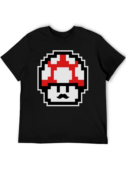 Retro Pixel Mushroom Graphic Tee - Black Cotton Blend