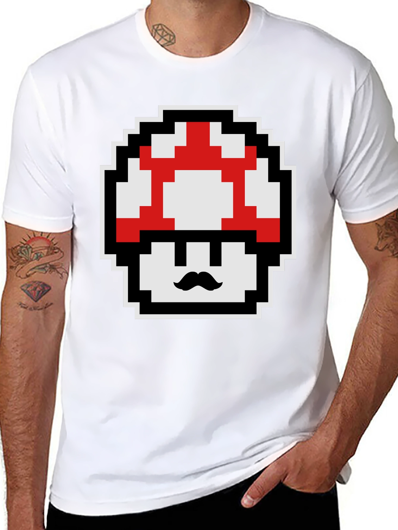 Retro Pixel Mushroom Graphic Tee - Black Cotton Blend