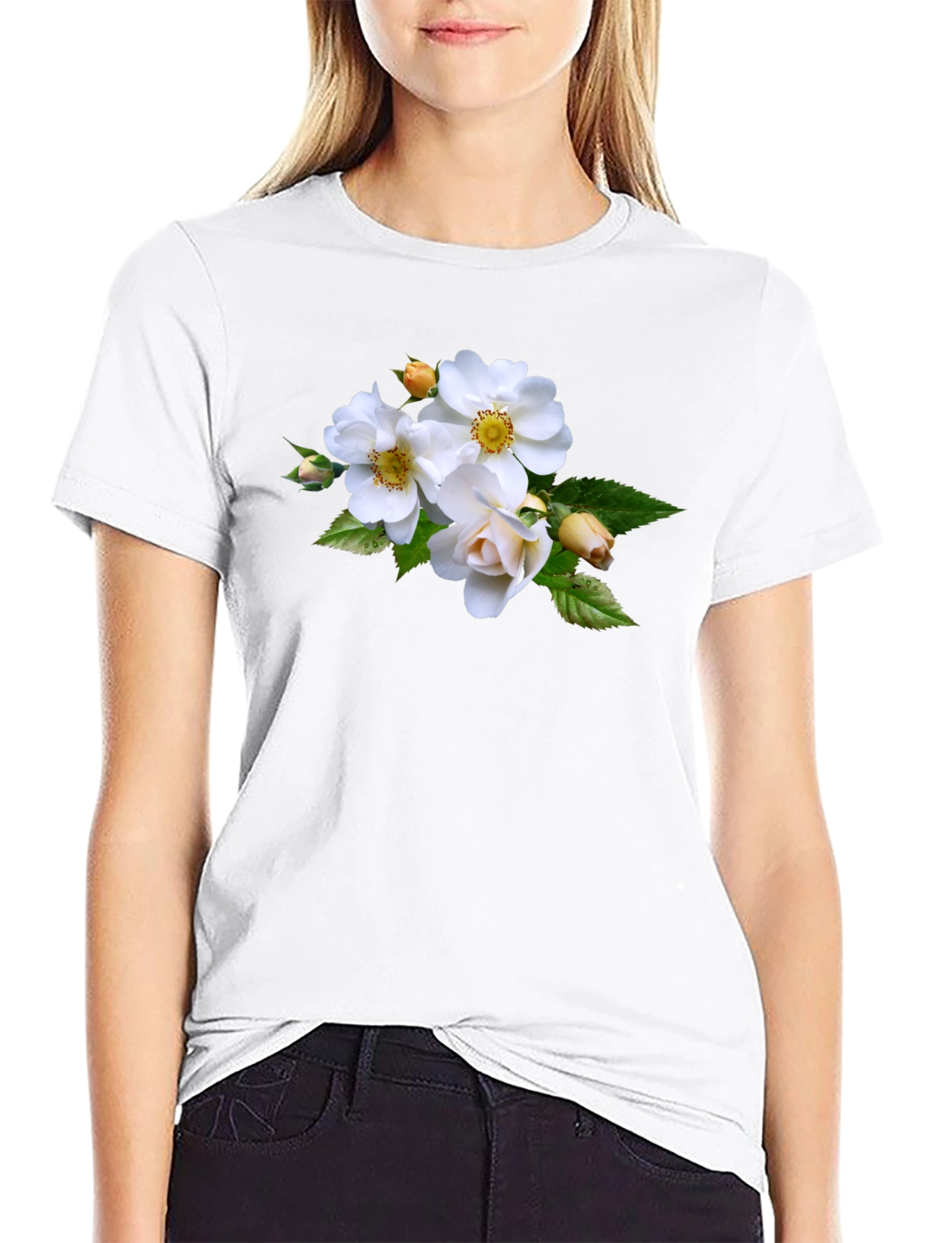 Floral Tee - Elegant White Rose Design