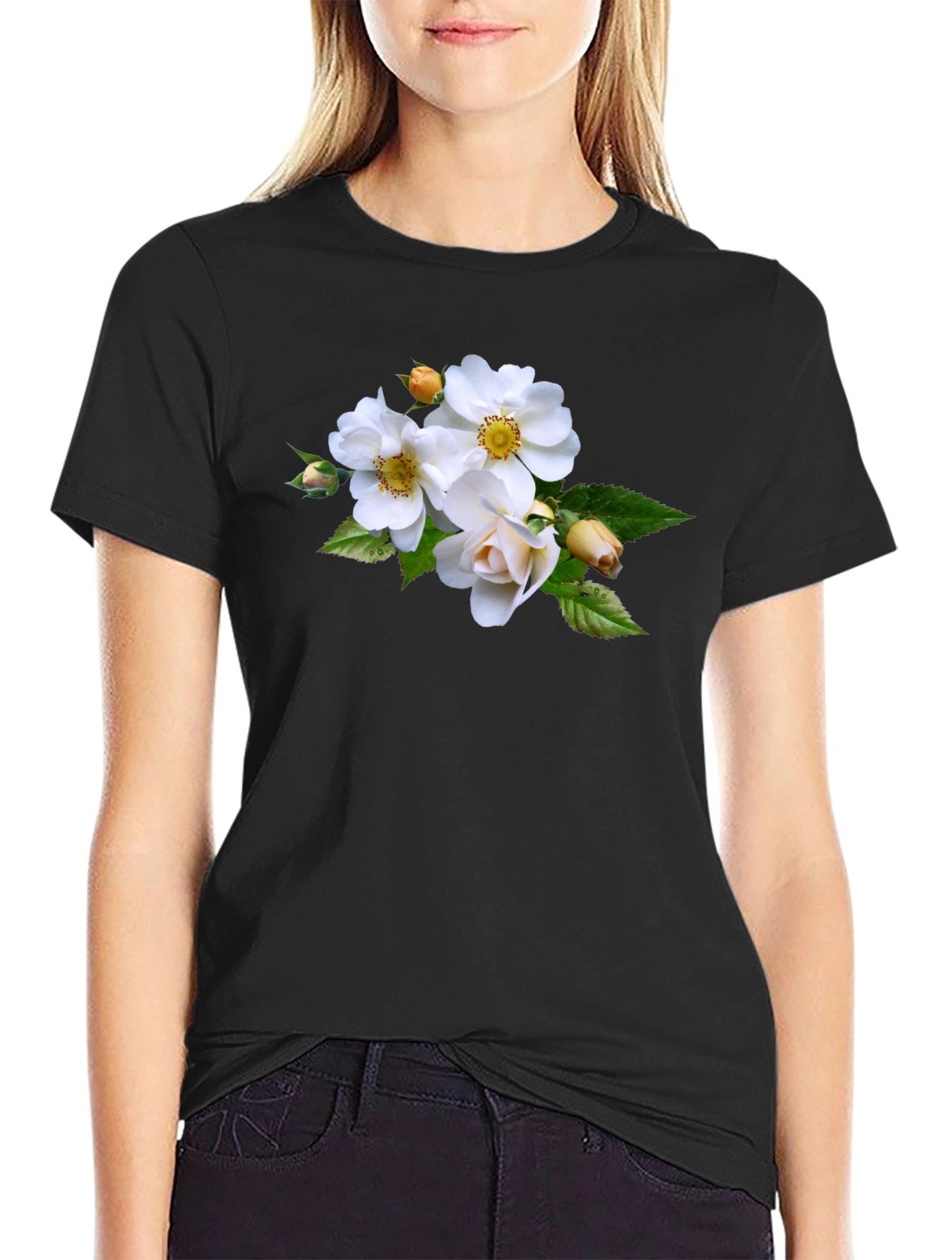 Floral Tee - Elegant White Rose Design