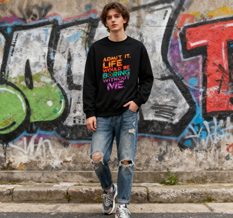 Admit It. Life Would Be Boring Without Me" Bold Slogan Crewneck Sweatshirt