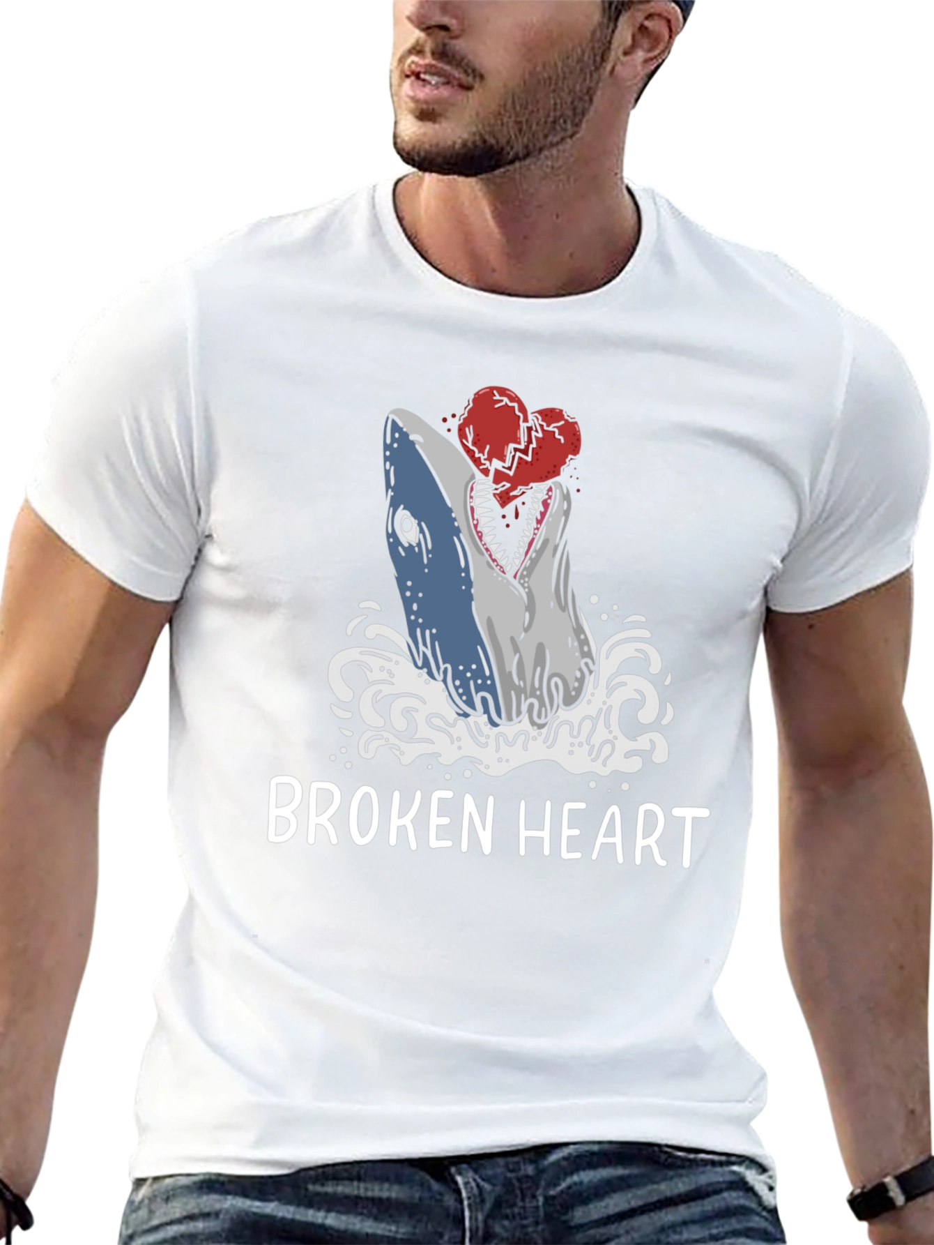 Broken Heart Shark T-Shirt - Novelty Graphic Tee