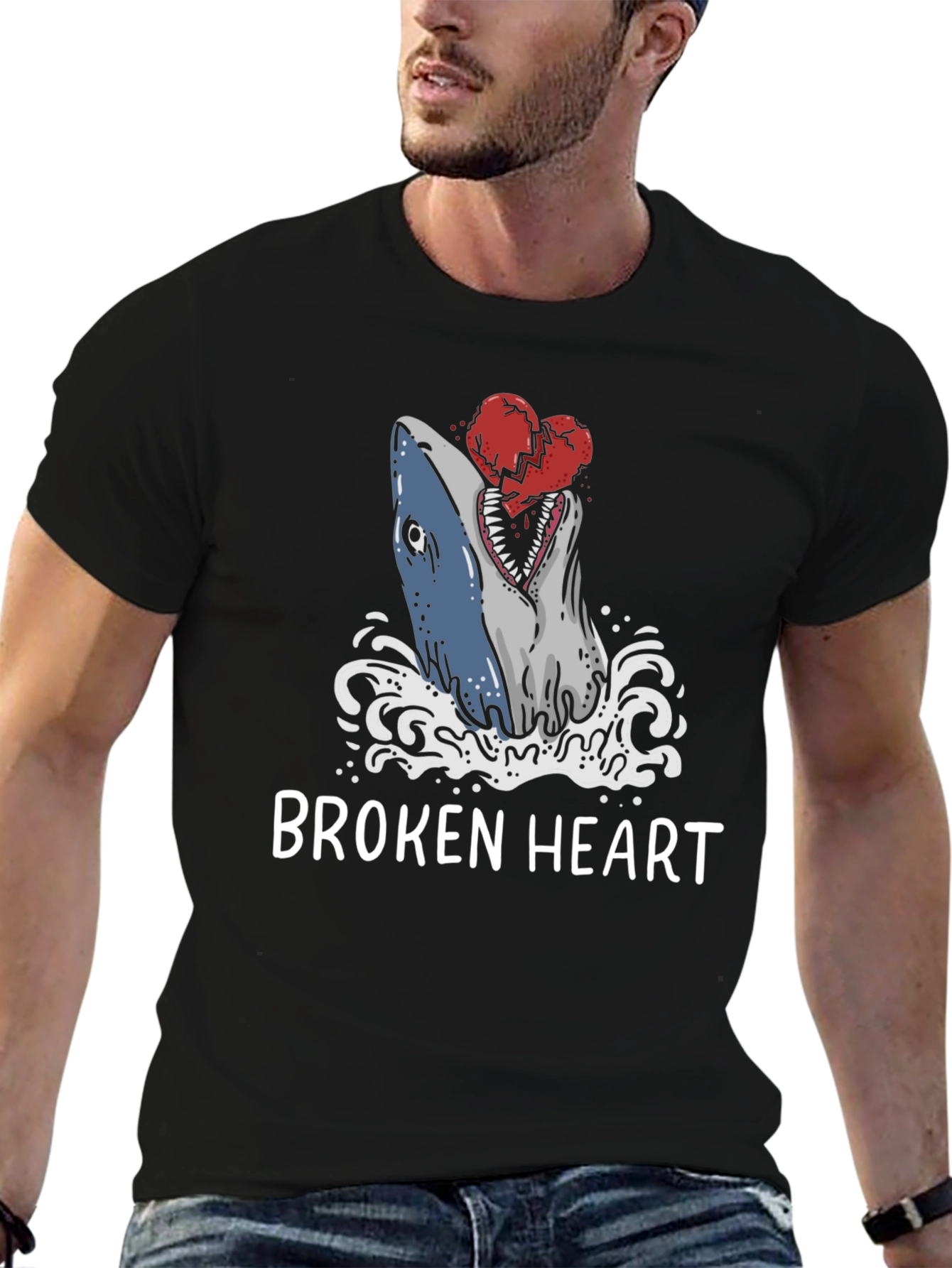 Broken Heart Shark T-Shirt - Novelty Graphic Tee