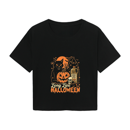 Long Live Halloween Spooky Black Cat Pumpkin Cropped Tee