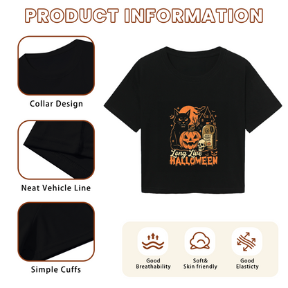 Long Live Halloween Spooky Black Cat Pumpkin Cropped Tee