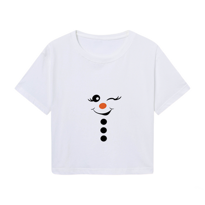 Winking Snowman Face Playful Winter Graphic Crop Top