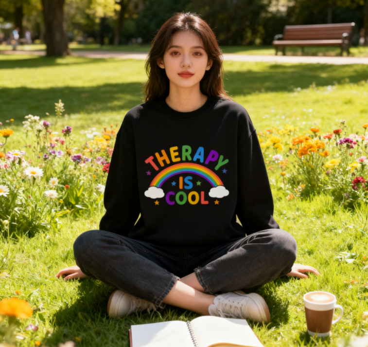 Uplifting Rainbow & "Therapy Is Cool" Statement Sweatshirt