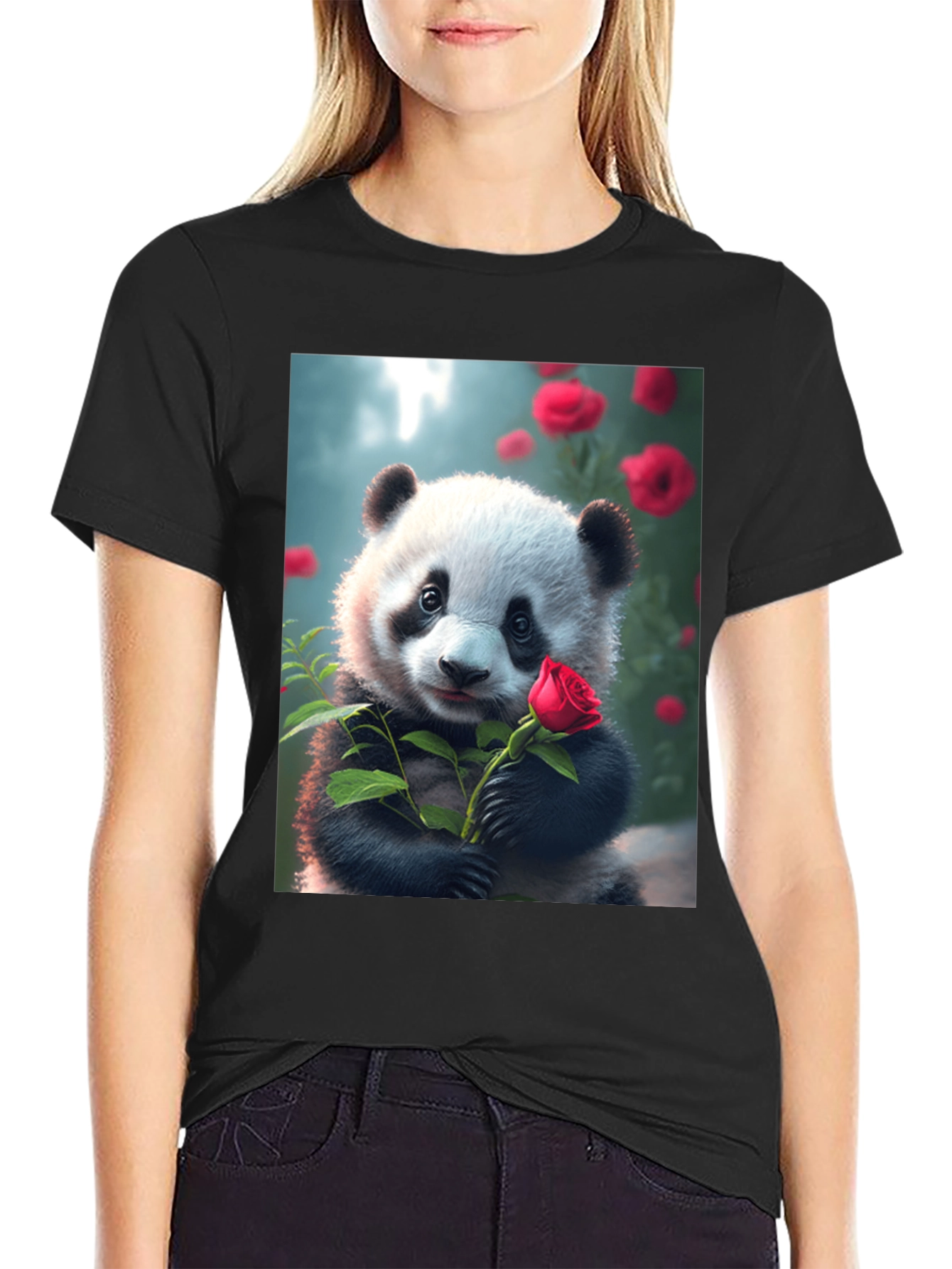 Panda with Rose Graphic Tee - Unique Black T-Shirt