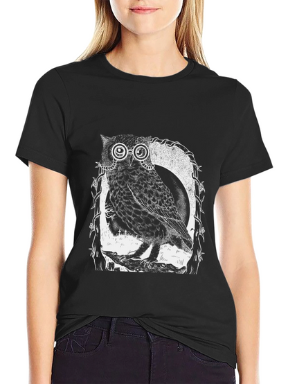 Owl With Glasses Graphic Tee - Black