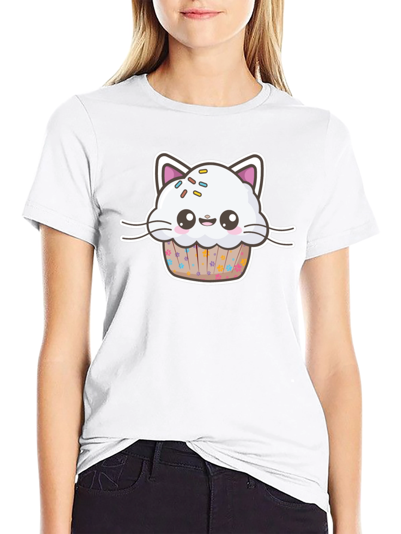 Cute Kawaii Cat Cupcake Black T-Shirt