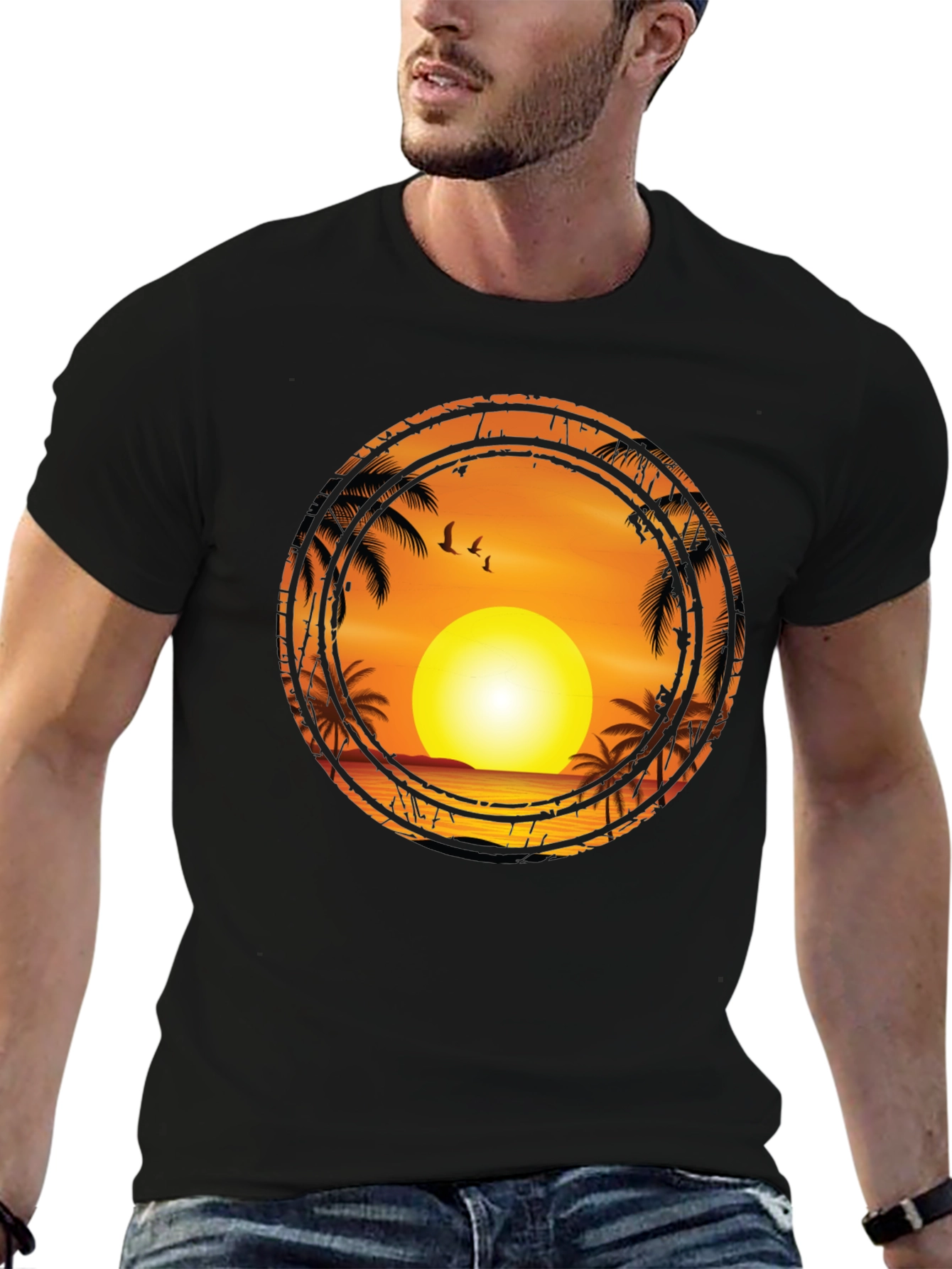 Sunset Palm Tree Graphic Tee - Black