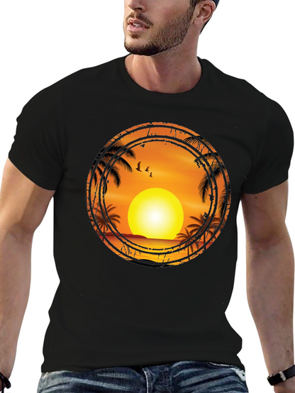 Sunset Palm Tree Graphic Tee - Black