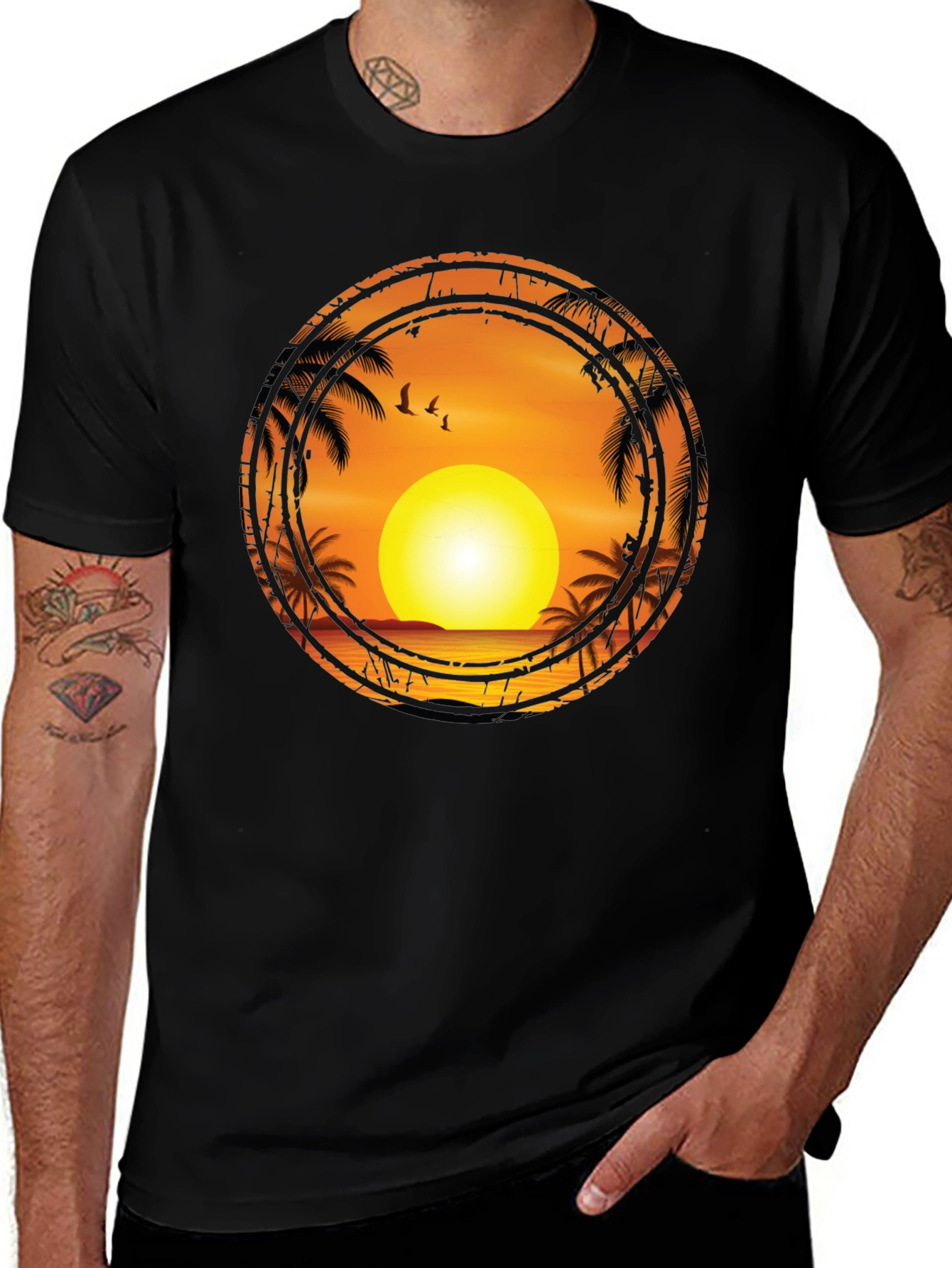 Sunset Palm Tree Graphic Tee - Black