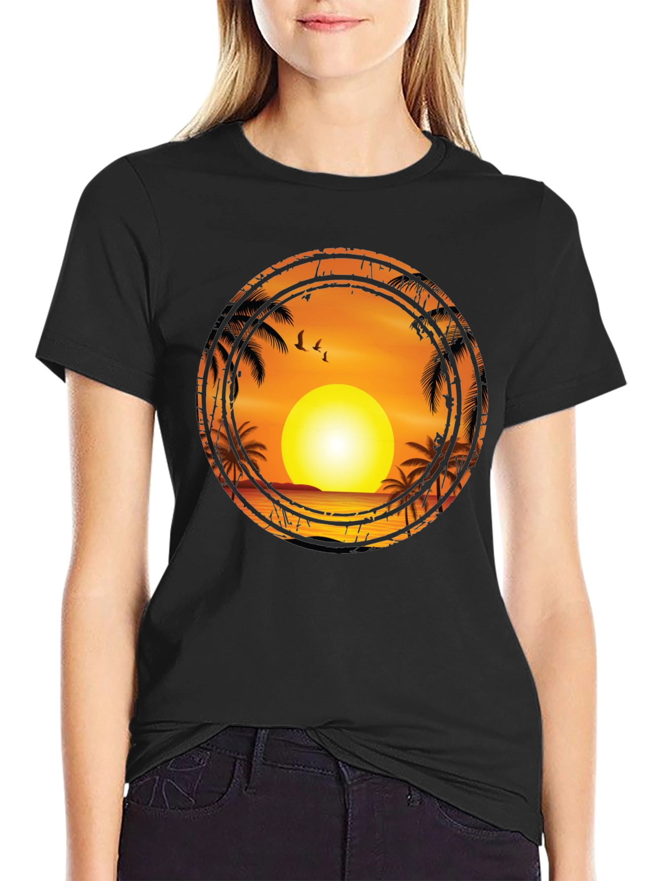 Sunset Palm Tree Graphic Tee - Black