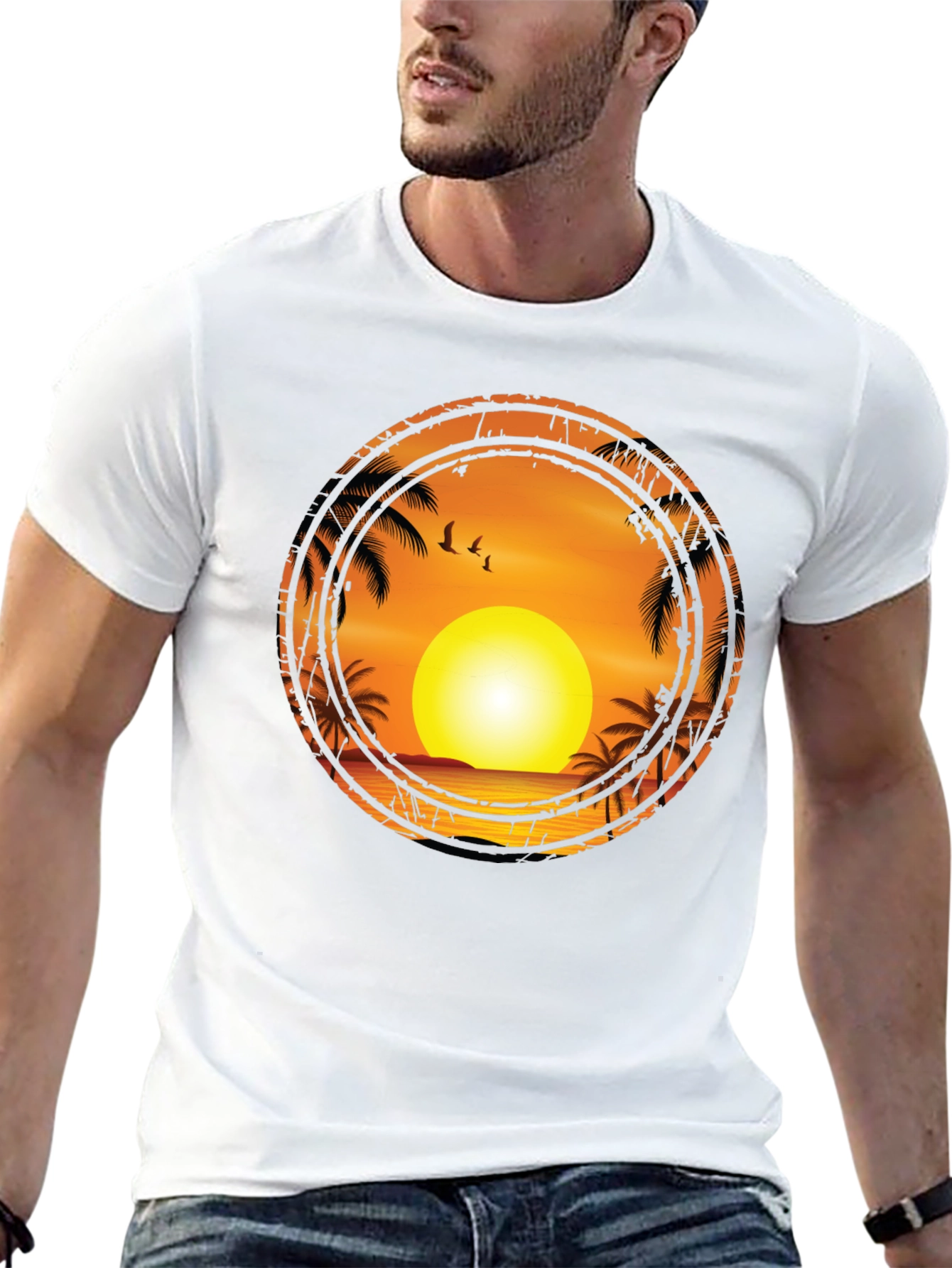 Sunset Palm Tree Graphic Tee - Black