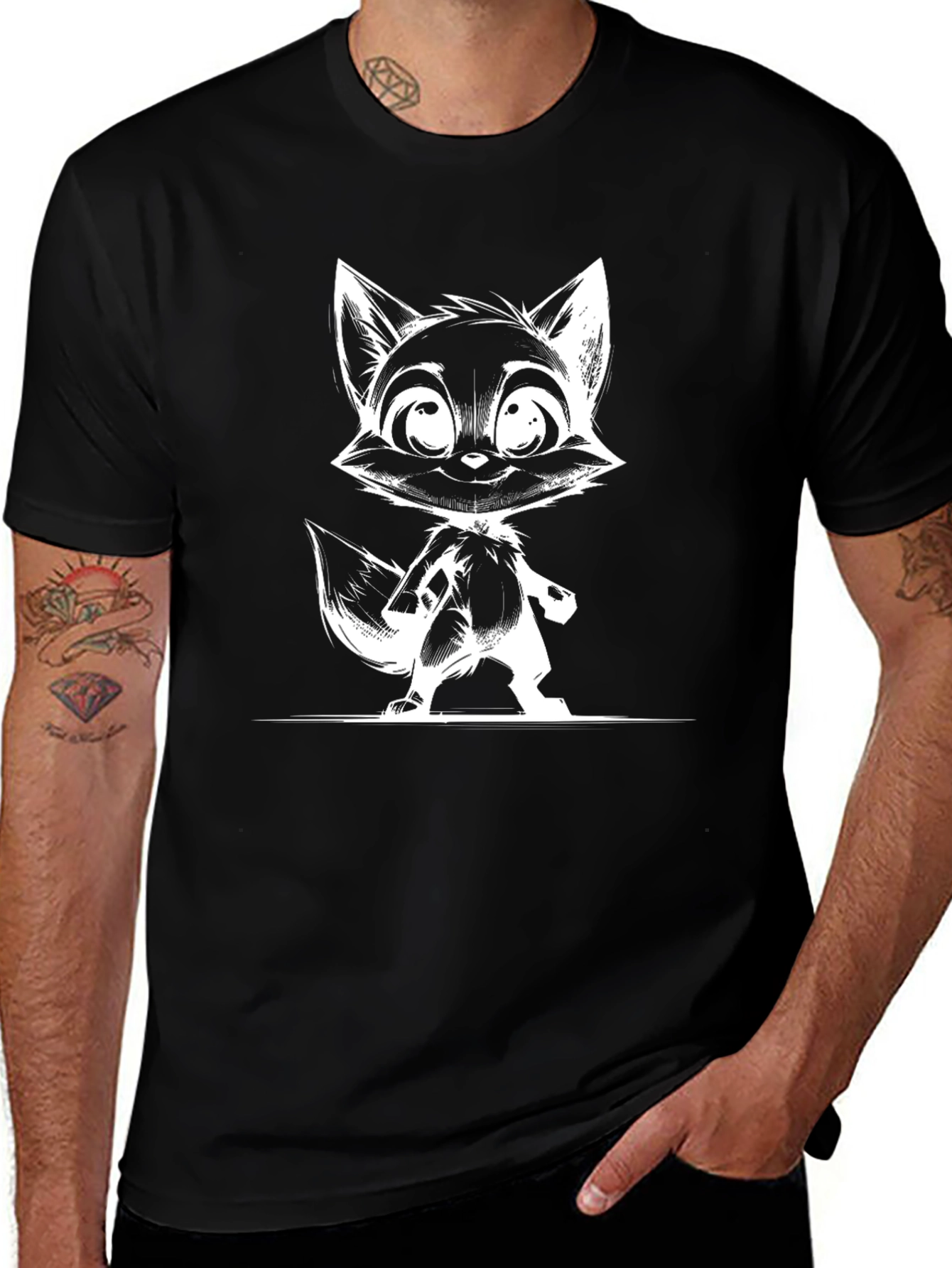 Black T-Shirt with White Fox Cartoon Design