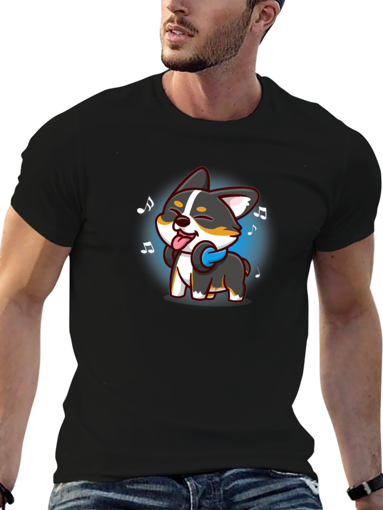 Cartoon Dog Music Lover Black T-Shirt
