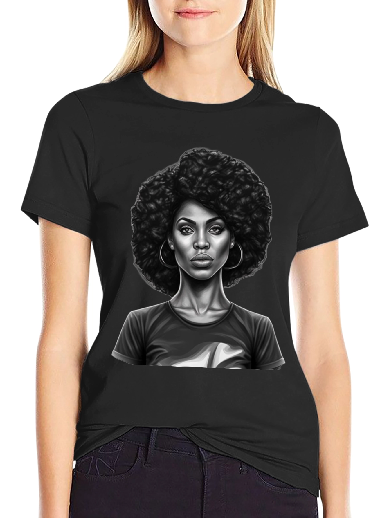 Afro Woman Graphic Print Black T-Shirt