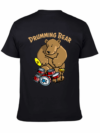 Drumming Bear Graphic Tee - Black Cotton Blend Shirt