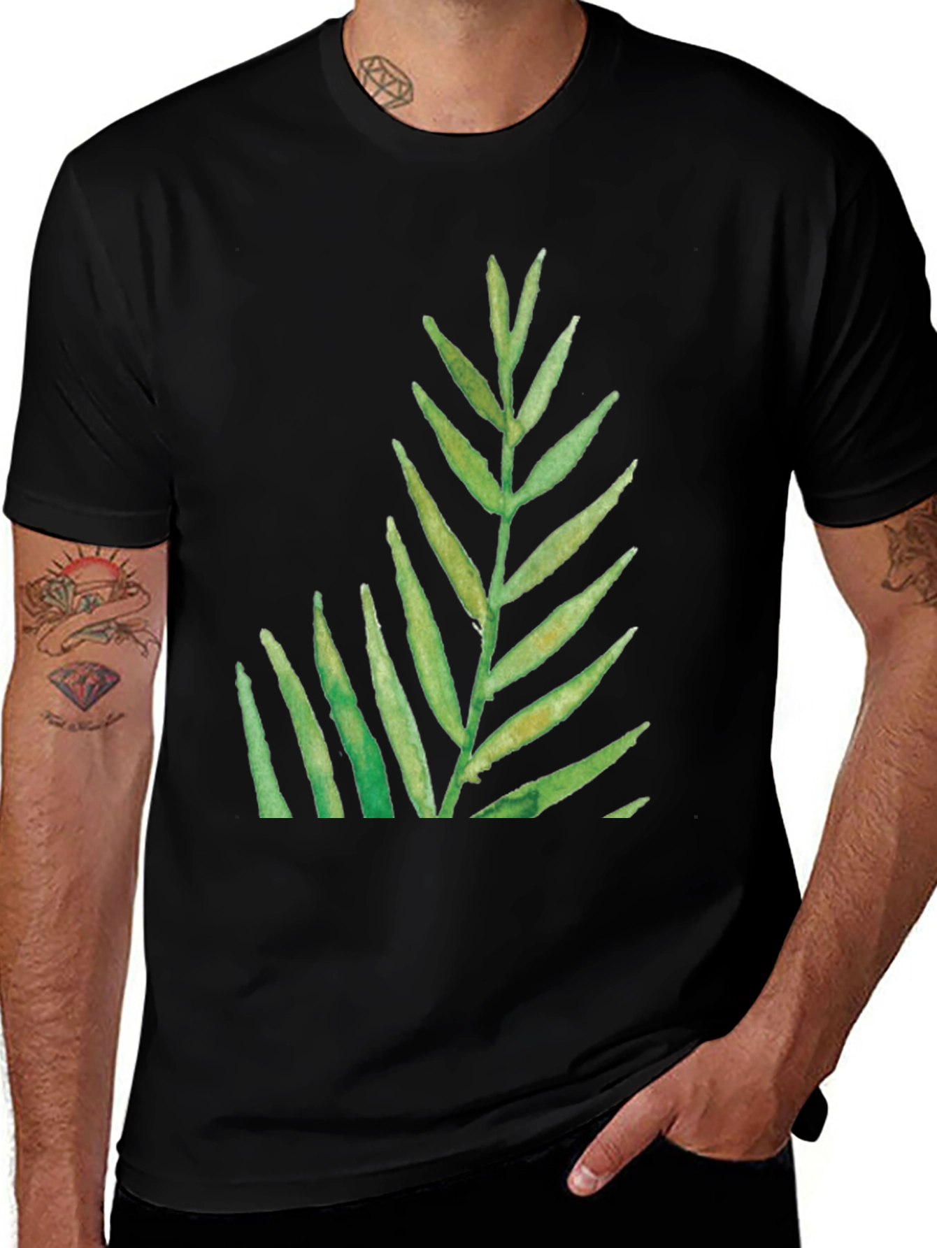 Green Leaf Print Black T-Shirt