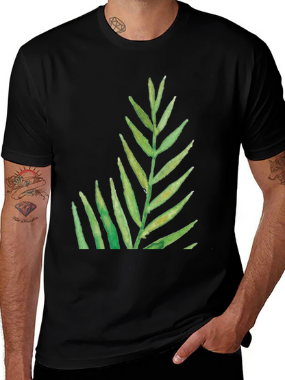 Green Leaf Print Black T-Shirt