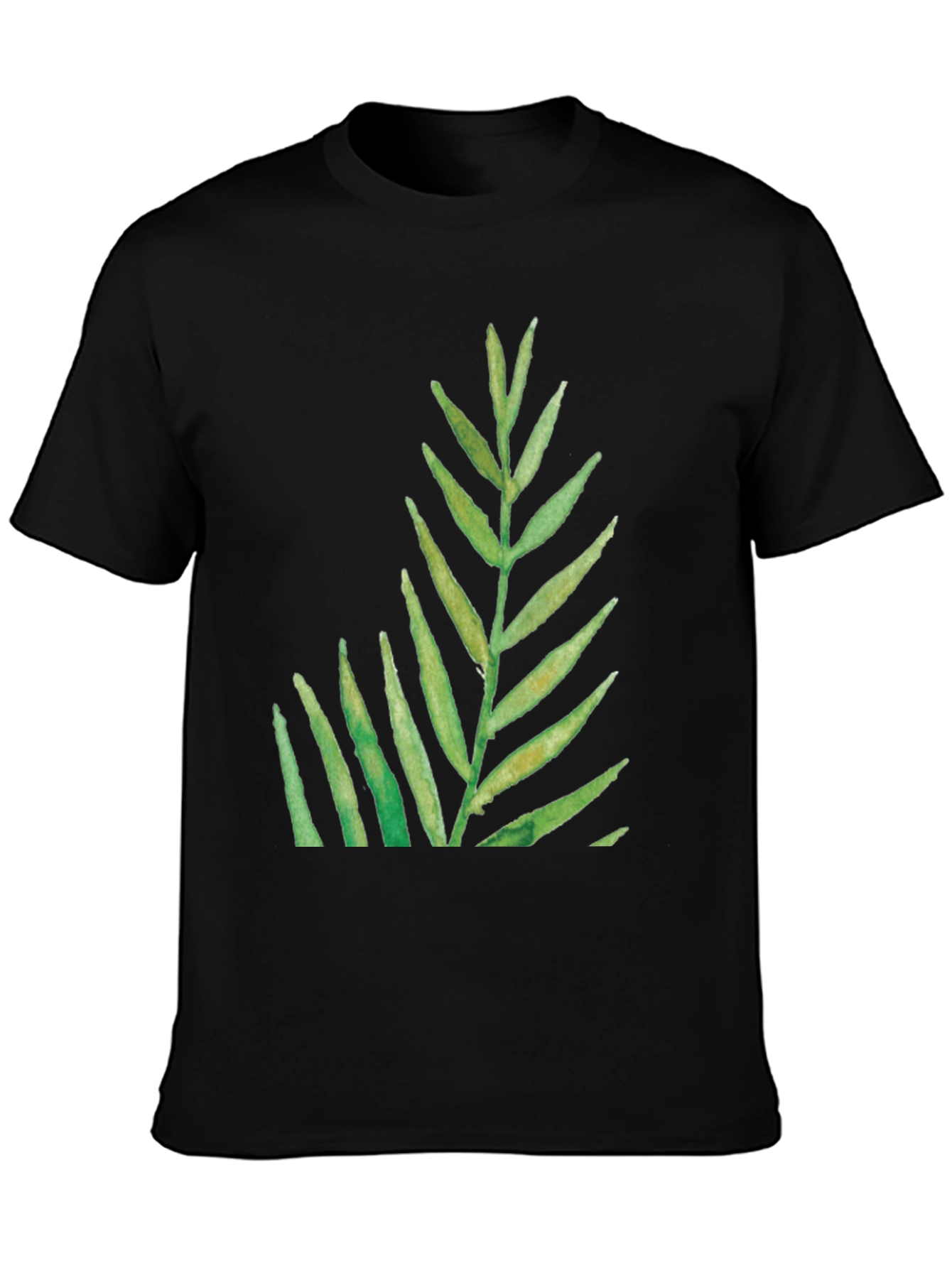 Green Leaf Print Black T-Shirt