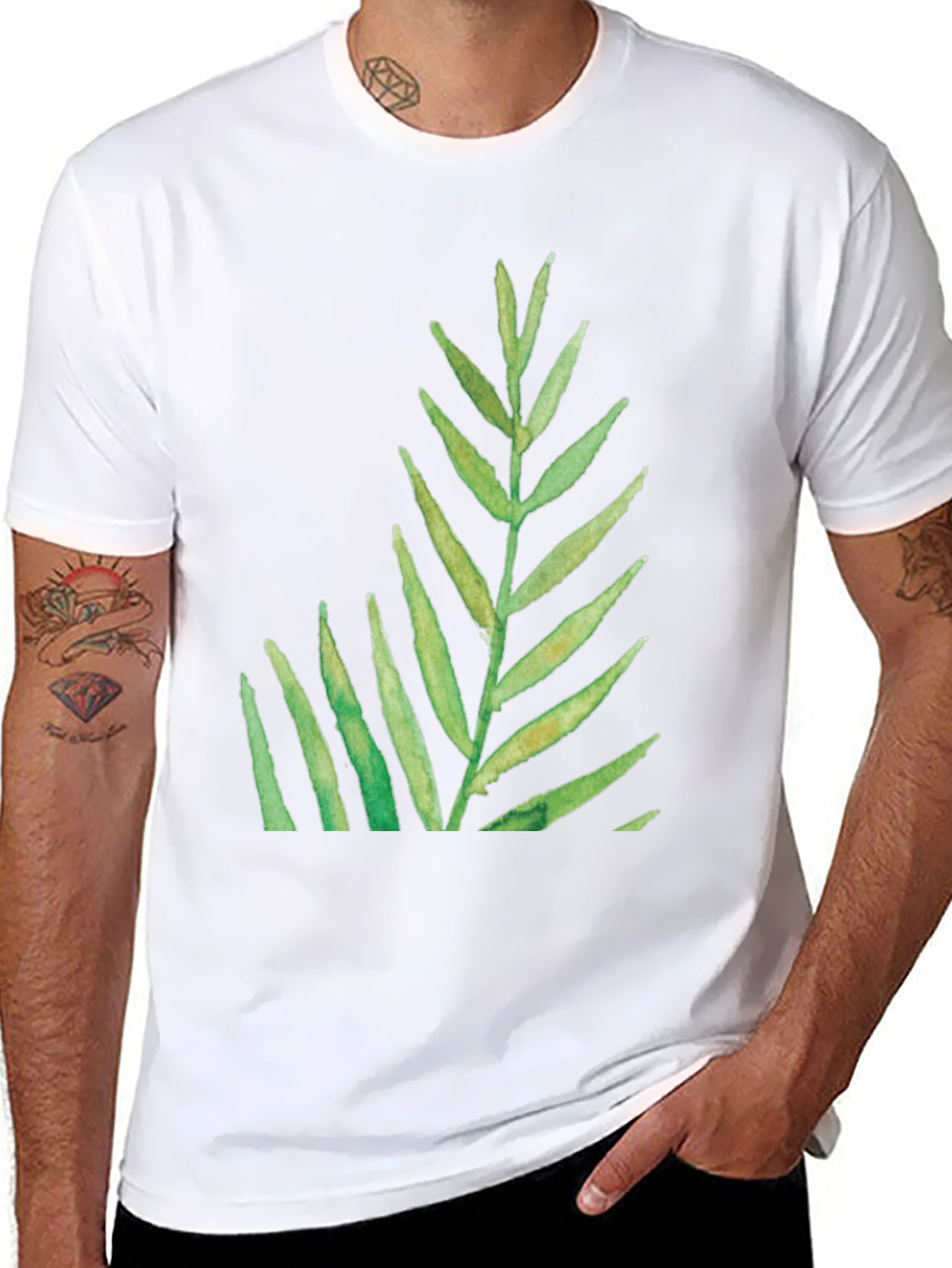 Green Leaf Print Black T-Shirt