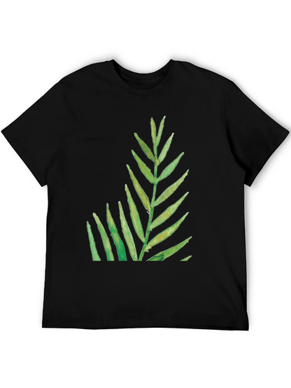 Green Leaf Print Black T-Shirt