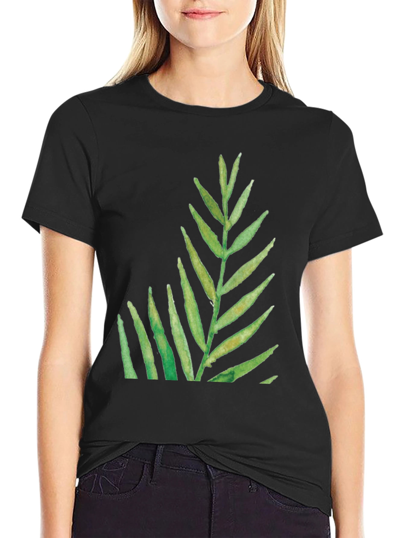 Green Leaf Print Black T-Shirt