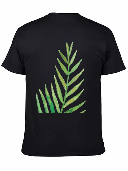 Green Leaf Print Black T-Shirt