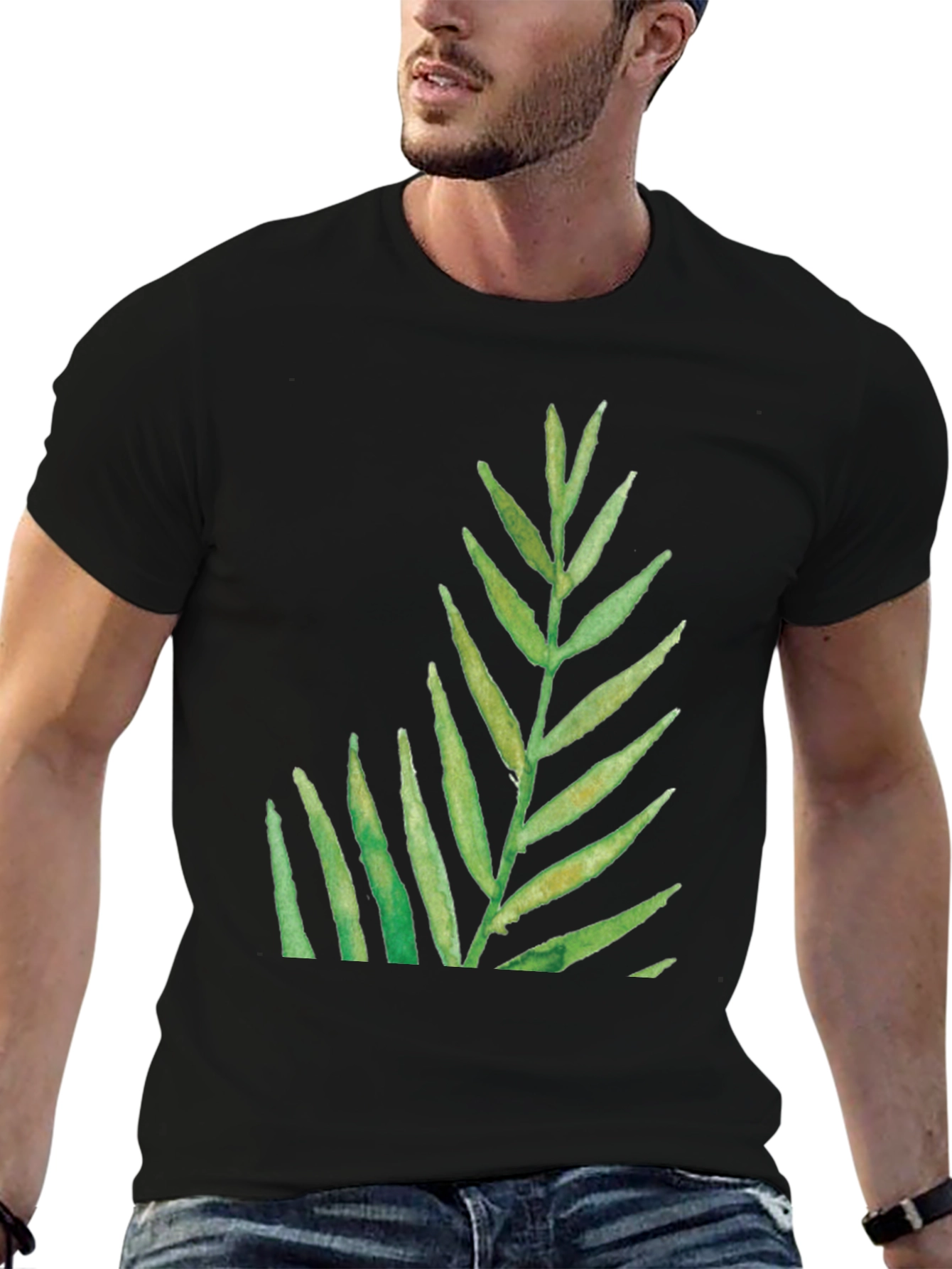 Green Leaf Print Black T-Shirt