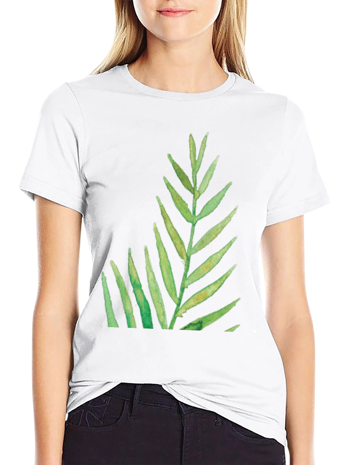 Green Leaf Print Black T-Shirt