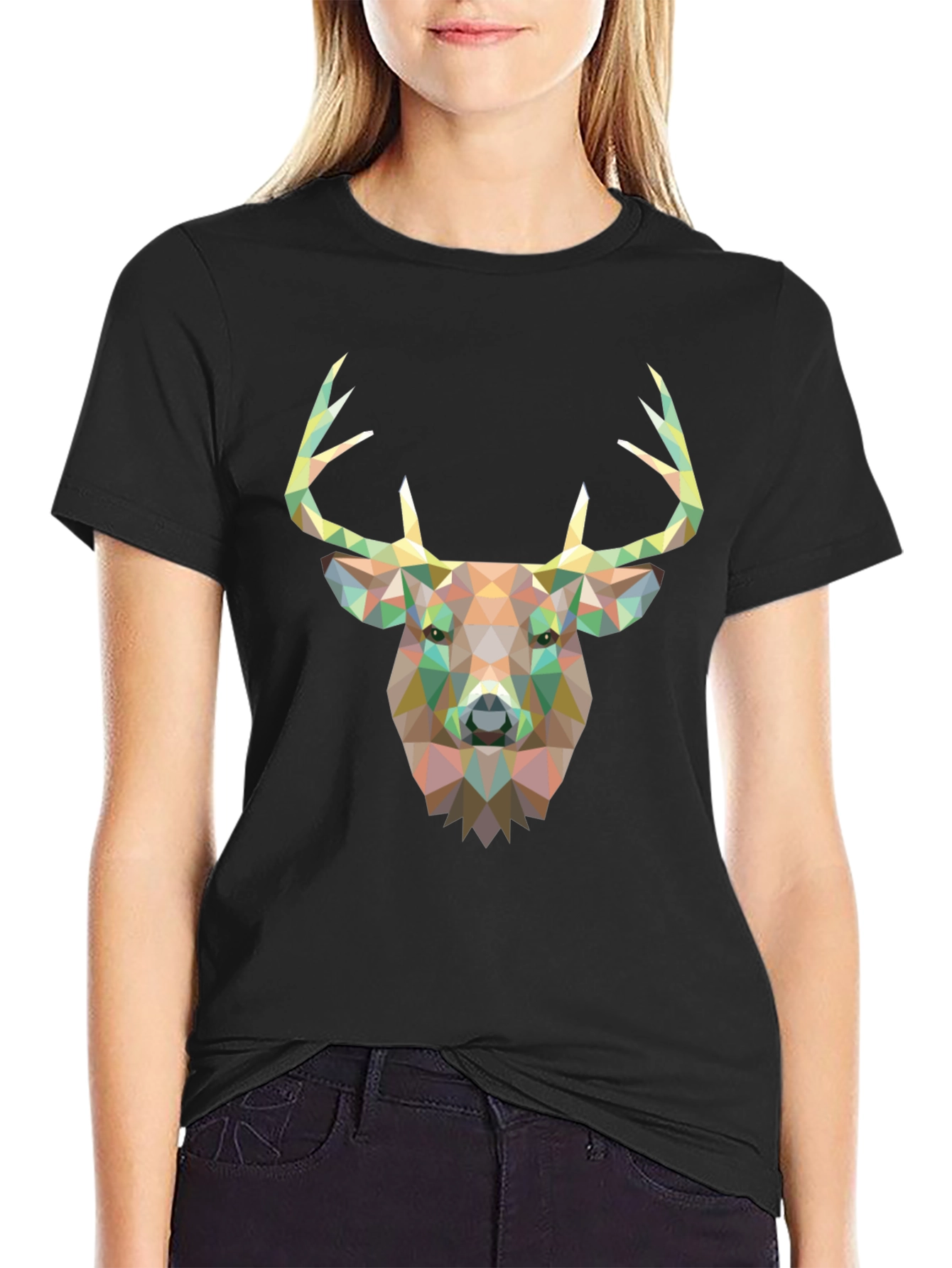 Geometric Deer Head Graphic Black T-Shirt