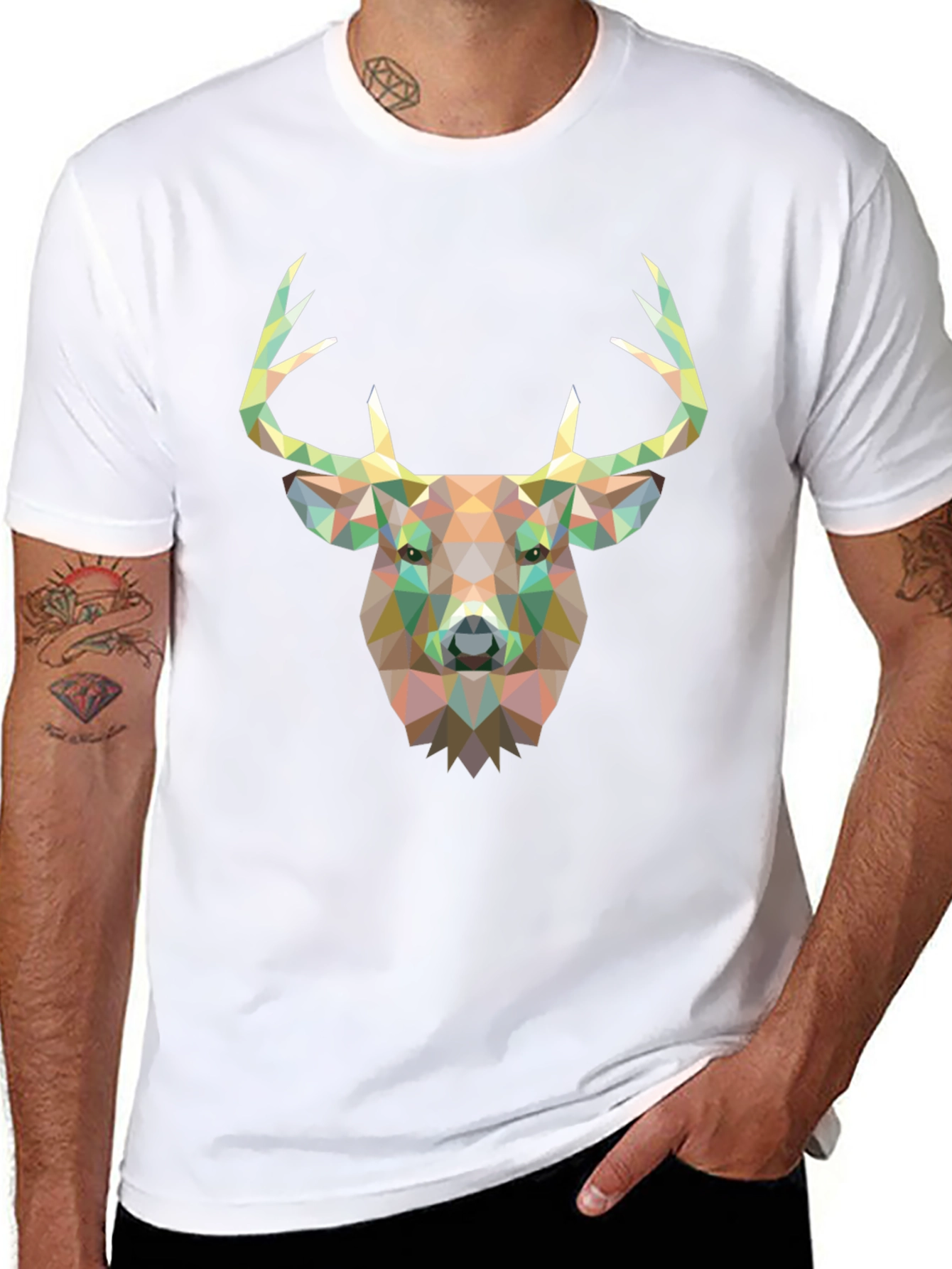 Geometric Deer Head Graphic Black T-Shirt