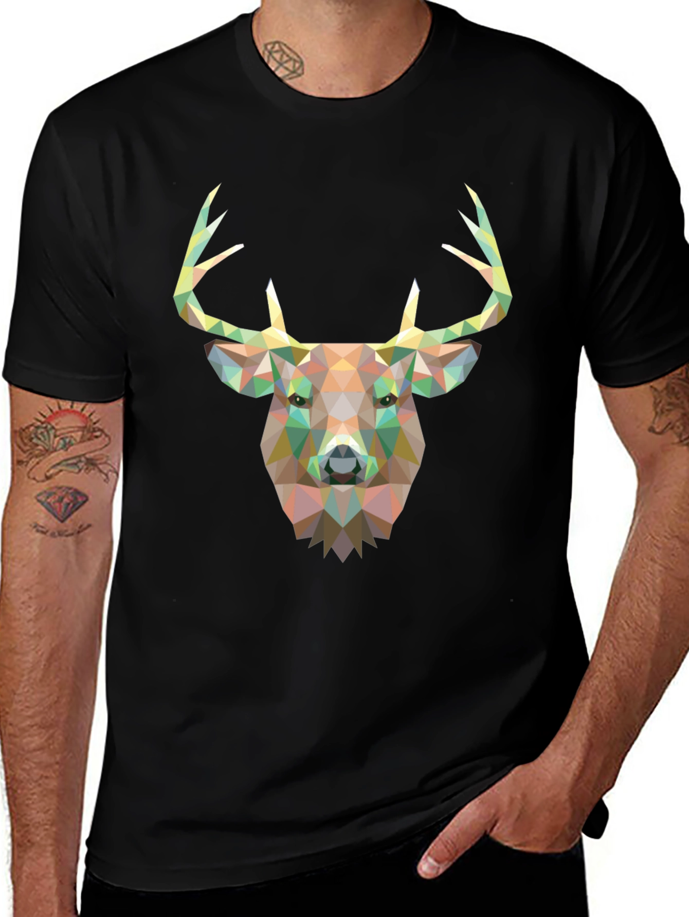 Geometric Deer Head Graphic Black T-Shirt