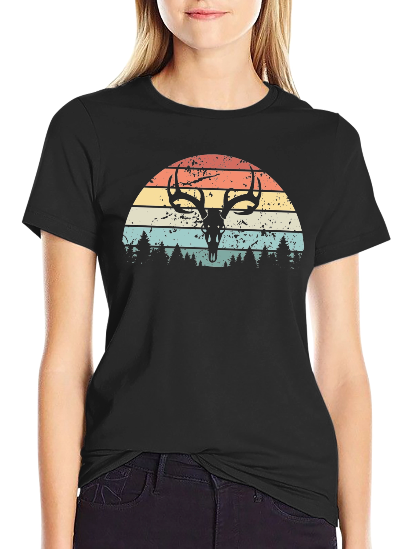Retro Deer Skull Sunset Graphic Tee