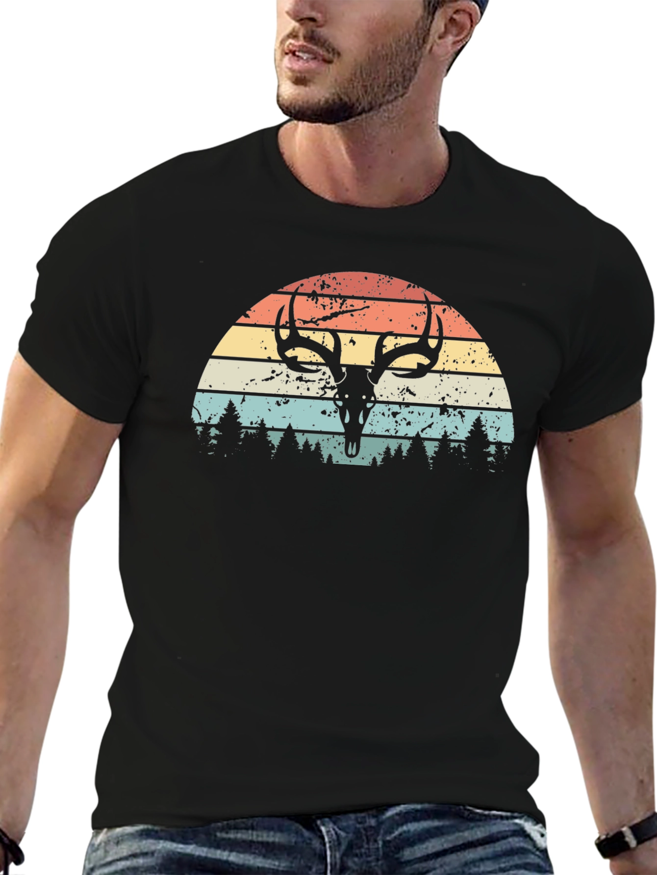 Retro Deer Skull Sunset Graphic Tee