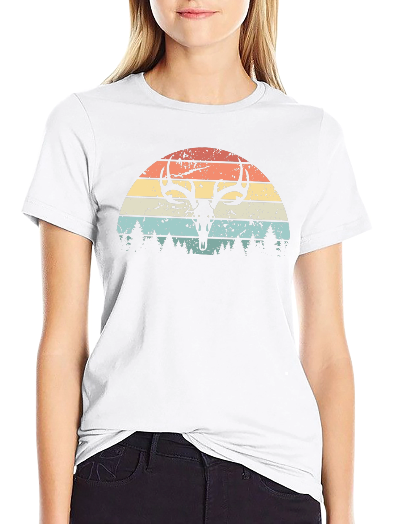 Retro Deer Skull Sunset Graphic Tee