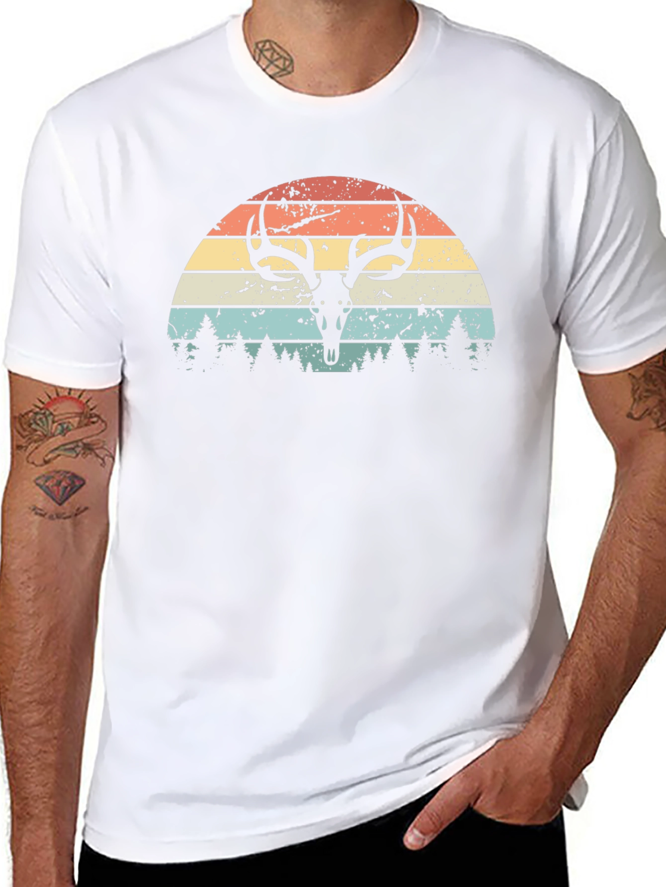 Retro Deer Skull Sunset Graphic Tee