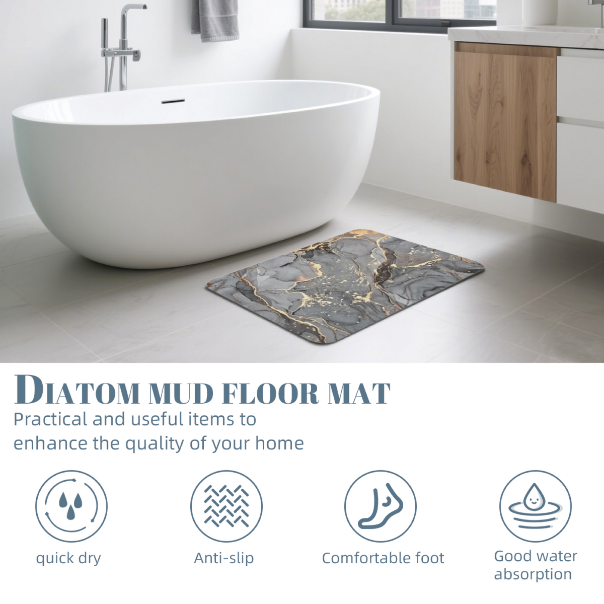 Grey Gold Vein Marble Texture Diatomite Bath Mat