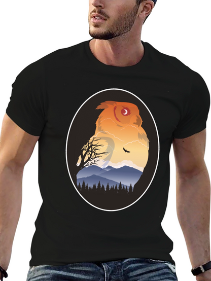 Owl Mountain Graphic Tee - Nature Inspired Black T-Shirt