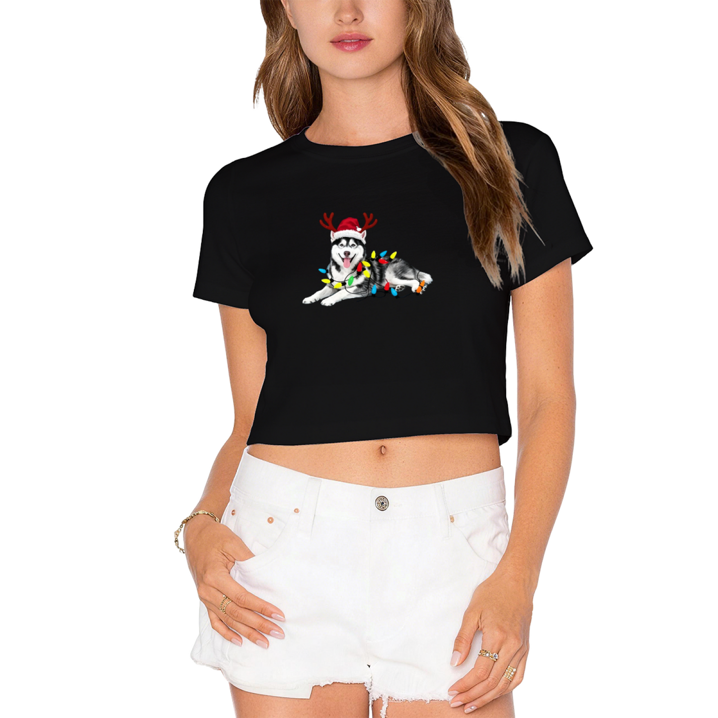 Husky Dog Christmas Lights Reindeer Antlers Crop Tee