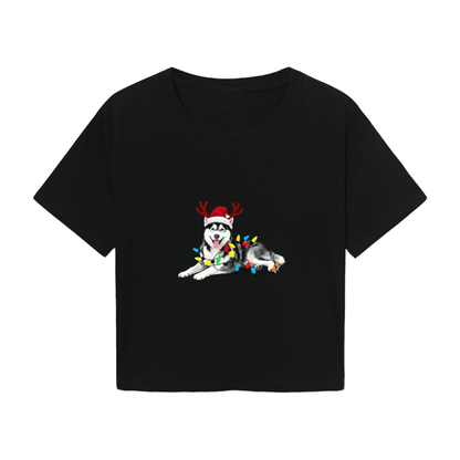 Husky Dog Christmas Lights Reindeer Antlers Crop Tee