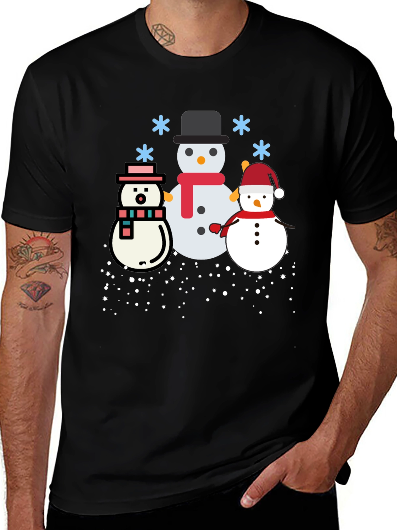 Festive Snowmen Graphic Tee - Black Holiday Shirt