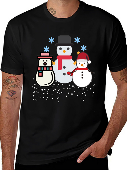 Festive Snowmen Graphic Tee - Black Holiday Shirt