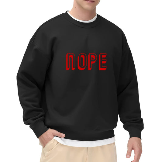 Black Crewneck Sweatshirt with Red "NOPE" Graphic - Casual Oversized Long-Sleeve Pullover for Men, Minimalist Statement Top