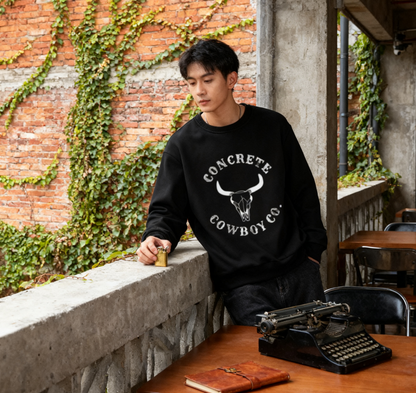 Playful "Concrete Cowboy Co." Bull Skull Western Sweatshirt