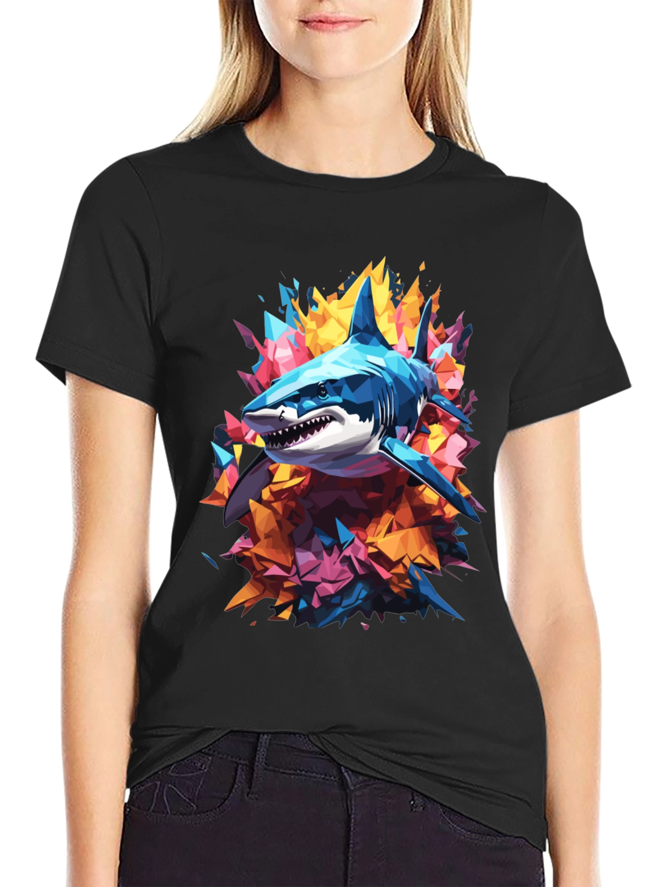 Abstract Shark Graphic Tee - Cool Mens Black T-Shirt
