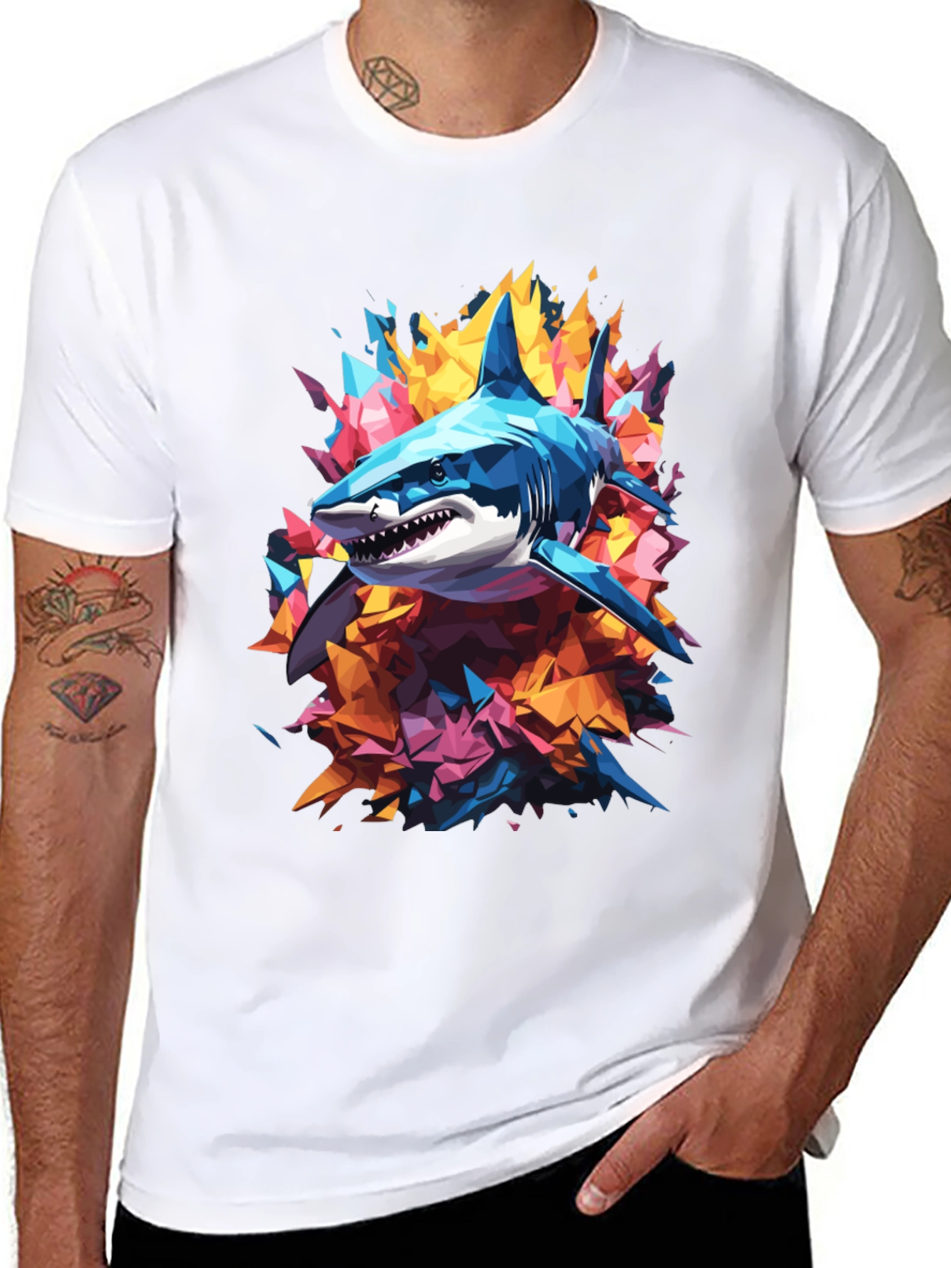 Abstract Shark Graphic Tee - Cool Mens Black T-Shirt