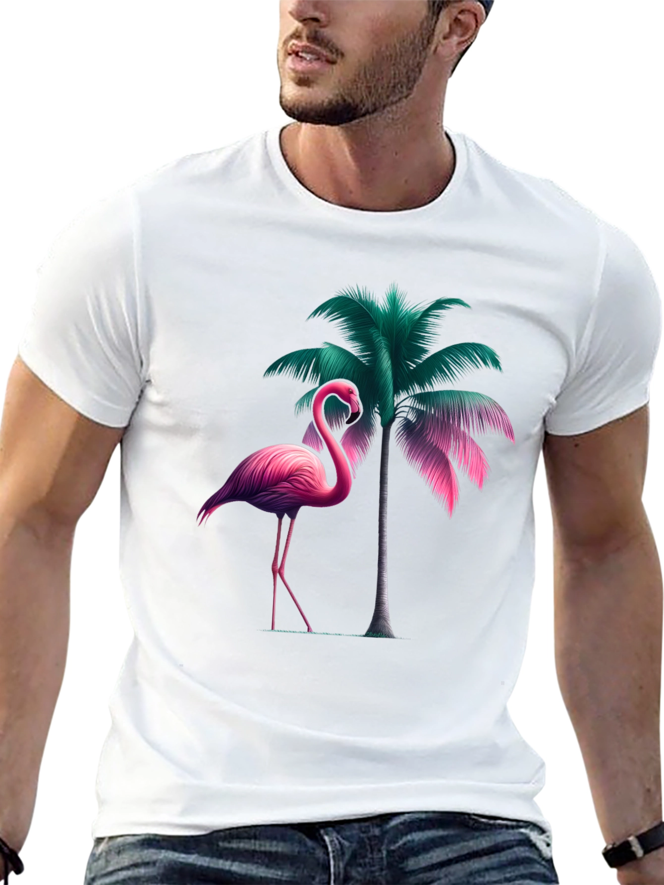 Tropical Flamingo Palm Tree Graphic T-Shirt